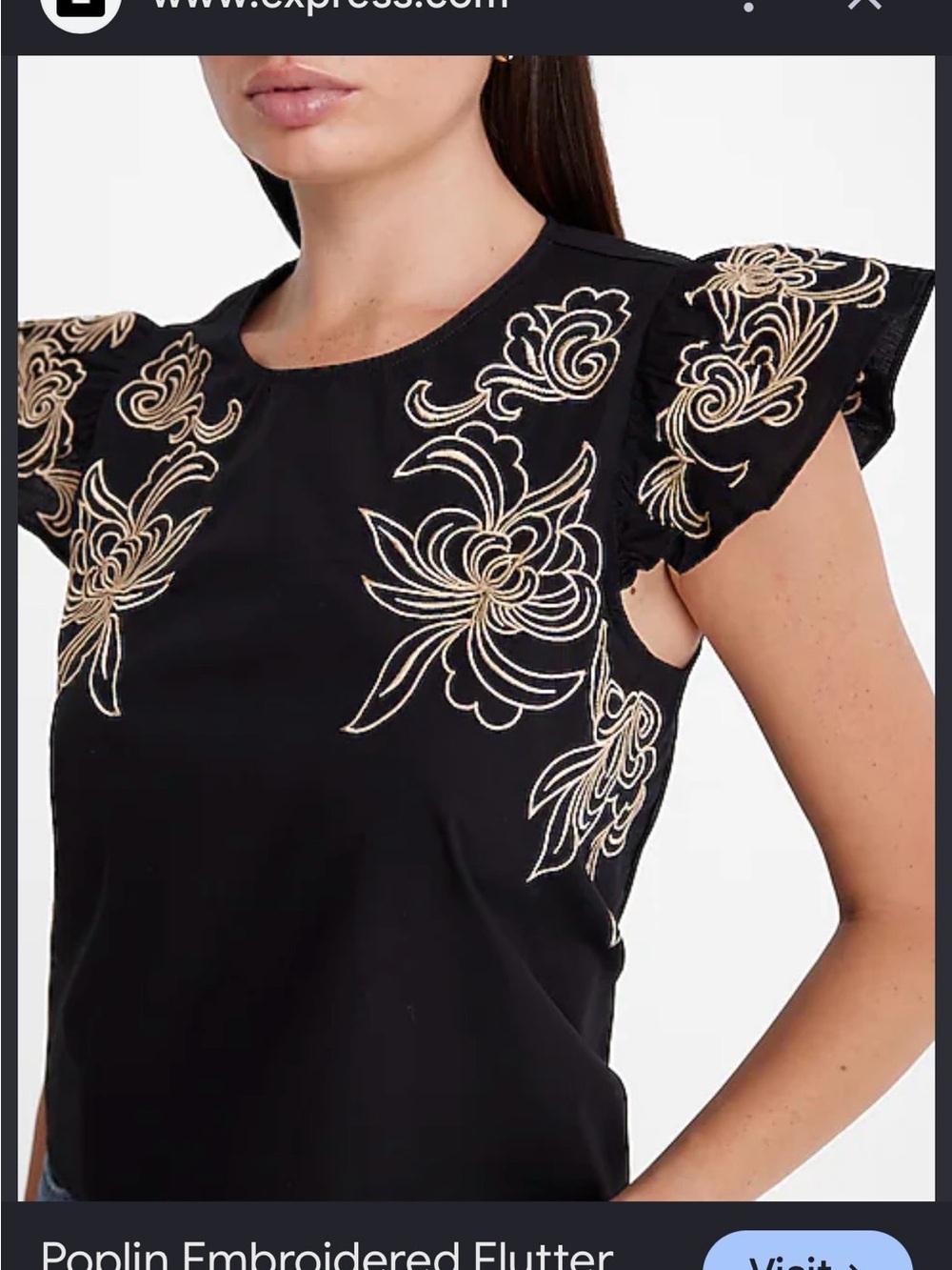 Express Black Poplin Top with Gold Floral Embroidery